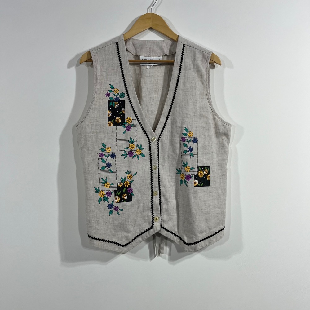Vintage Cottagecore Granny Boho Floral Linen Blend Vest Womens Large Whimsical - Picture 1 of 8